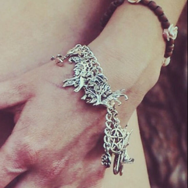 Pagan Wiccan Witch's Charm Bracelet, Loaded Bracelet, Goddess, Pentagram, Hare, Wolf, Witchy Gift, Silver Plated Pagan Jewellery