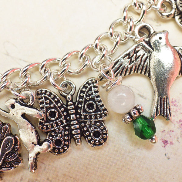 Daughter Of The Forest Pagan Charm Bracelet, Moonstone Gemstone Bracelet, Nature Spiritual Gift, Handmade Silver Plated Wiccan Jewellery UK