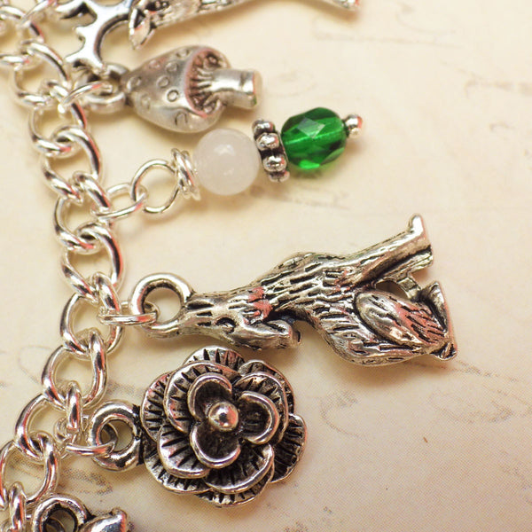 Daughter Of The Forest Pagan Charm Bracelet, Moonstone Gemstone Bracelet, Nature Spiritual Gift, Handmade Silver Plated Wiccan Jewellery UK