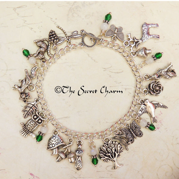Daughter Of The Forest Pagan Charm Bracelet, Moonstone Gemstone Bracelet, Nature Spiritual Gift, Handmade Silver Plated Wiccan Jewellery UK
