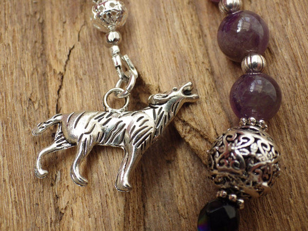 Wolf Spirit Pagan Prayer Beads, Handmade Protection Talisman, Wiccan Rosary Meditation Beads, Purple Amethyst Gemstone Mala Beads, UK Seller