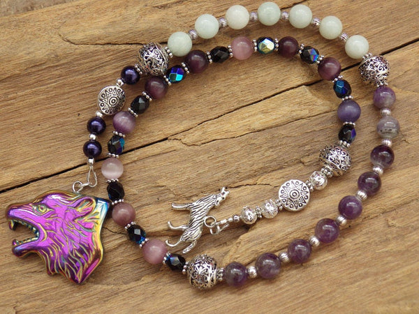 Wolf Spirit Pagan Prayer Beads, Handmade Protection Talisman, Wiccan Rosary Meditation Beads, Purple Amethyst Gemstone Mala Beads, UK Seller