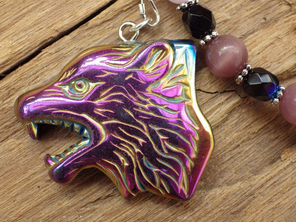 Wolf Spirit Pagan Prayer Beads, Handmade Protection Talisman, Wiccan Rosary Meditation Beads, Purple Amethyst Gemstone Mala Beads, UK Seller