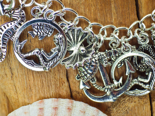 Mermaid Charm Bracelet, Sea Witch Loaded Bracelet, Sea Siren Fantasy Folklore, Silver Wiccan Jewellery, Wild Swimmers Gift Beach Lover
