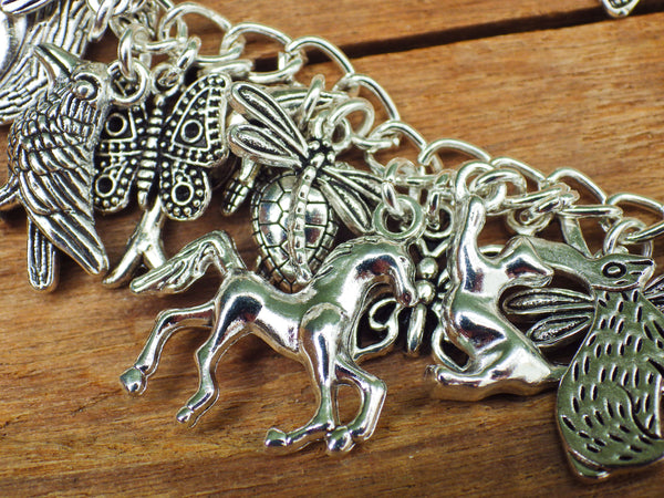 Animal Spirits Wiccan Charm Bracelet, Pagan Loaded Bracelet, Fox Wolf Hare Butterfly, Silver Plated Spiritual Nature Jewellery Gift