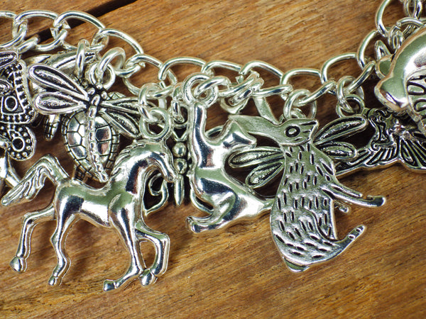 Animal Spirits Wiccan Charm Bracelet, Pagan Loaded Bracelet, Fox Wolf Hare Butterfly, Silver Plated Spiritual Nature Jewellery Gift