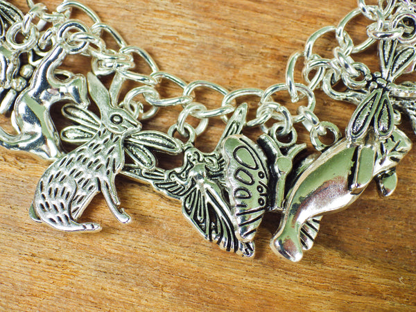 Animal Spirits Wiccan Charm Bracelet, Pagan Loaded Bracelet, Fox Wolf Hare Butterfly, Silver Plated Spiritual Nature Jewellery Gift