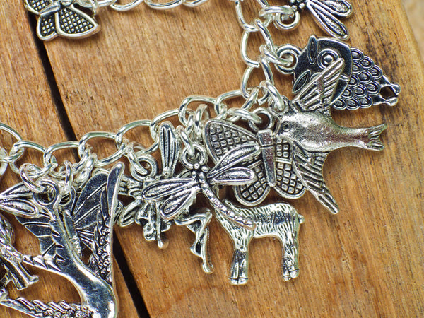 Animal Spirits Wiccan Charm Bracelet, Pagan Loaded Bracelet, Fox Wolf Hare Butterfly, Silver Plated Spiritual Nature Jewellery Gift