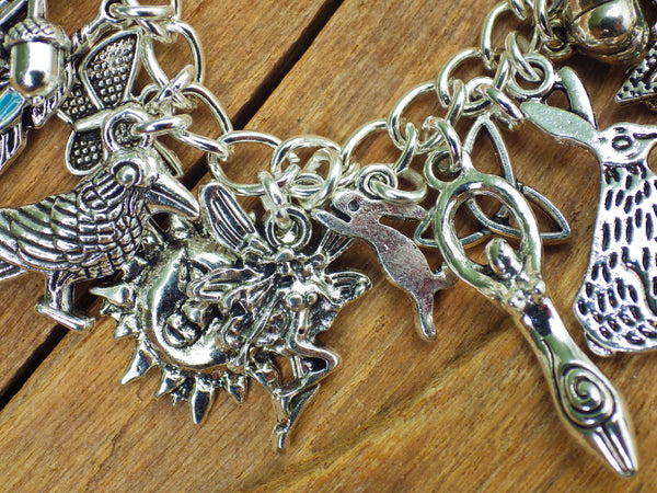 Pagan Wiccan Witch's Charm Bracelet, Loaded Bracelet, Goddess, Pentagram, Hare, Wolf, Witchy Gift, Silver Plated Pagan Jewellery