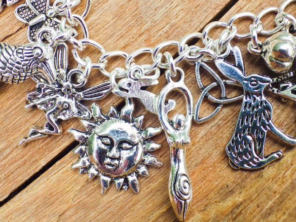 Pagan Wiccan Witch's Charm Bracelet, Loaded Bracelet, Goddess, Pentagram, Hare, Wolf, Witchy Gift, Silver Plated Pagan Jewellery