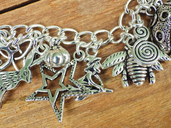 Pagan Wiccan Witch's Charm Bracelet, Loaded Bracelet, Goddess, Pentagram, Hare, Wolf, Witchy Gift, Silver Plated Pagan Jewellery