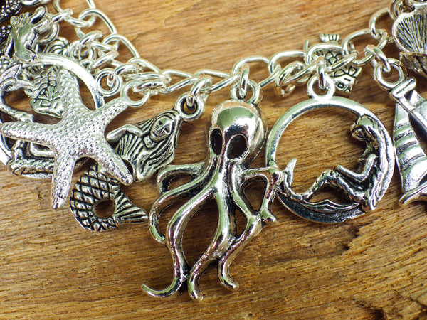 Mermaid Charm Bracelet, Sea Witch Loaded Bracelet, Sea Siren Fantasy Folklore, Silver Wiccan Jewellery, Wild Swimmers Gift Beach Lover