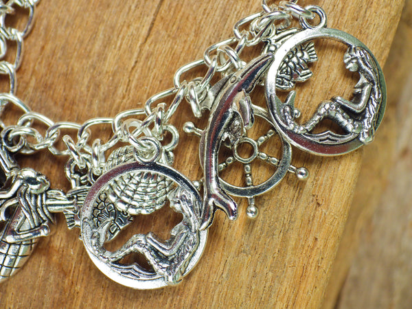 Mermaid Charm Bracelet, Sea Witch Loaded Bracelet, Sea Siren Fantasy Folklore, Silver Wiccan Jewellery, Wild Swimmers Gift Beach Lover