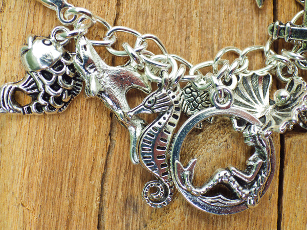 Mermaid Charm Bracelet, Sea Witch Loaded Bracelet, Sea Siren Fantasy Folklore, Silver Wiccan Jewellery, Wild Swimmers Gift Beach Lover