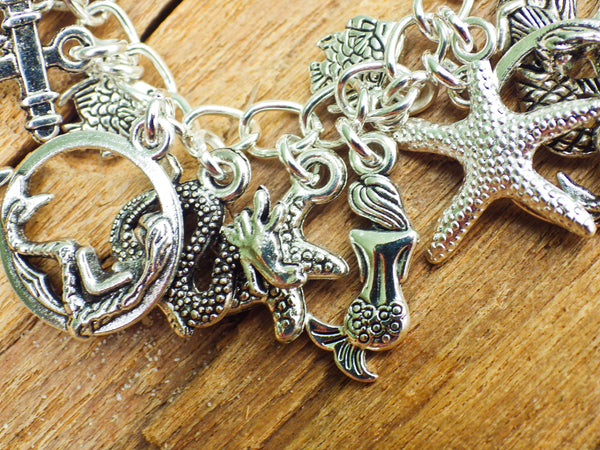Mermaid Charm Bracelet, Sea Witch Loaded Bracelet, Sea Siren Fantasy Folklore, Silver Wiccan Jewellery, Wild Swimmers Gift Beach Lover
