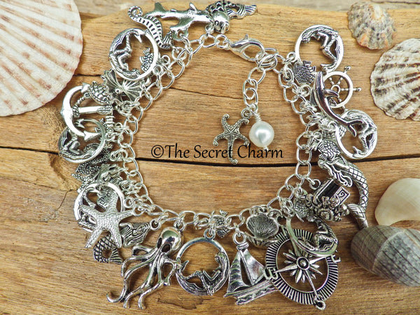 Mermaid Charm Bracelet, Sea Witch Loaded Bracelet, Sea Siren Fantasy Folklore, Silver Wiccan Jewellery, Wild Swimmers Gift Beach Lover