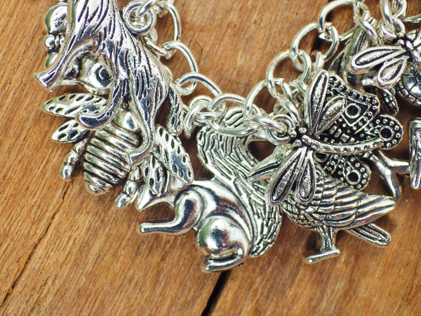 Animal Spirits Wiccan Charm Bracelet, Pagan Loaded Bracelet, Fox Wolf Hare Butterfly, Silver Plated Spiritual Nature Jewellery Gift