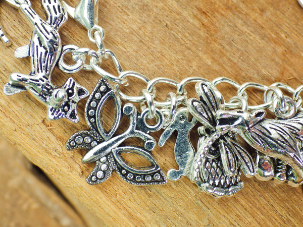 Animal Spirits Wiccan Charm Bracelet, Pagan Loaded Bracelet, Fox Wolf Hare Butterfly, Silver Plated Spiritual Nature Jewellery Gift