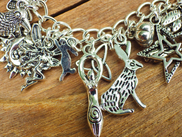 Pagan Wiccan Witch's Charm Bracelet, Loaded Bracelet, Goddess, Pentagram, Hare, Wolf, Witchy Gift, Silver Plated Pagan Jewellery