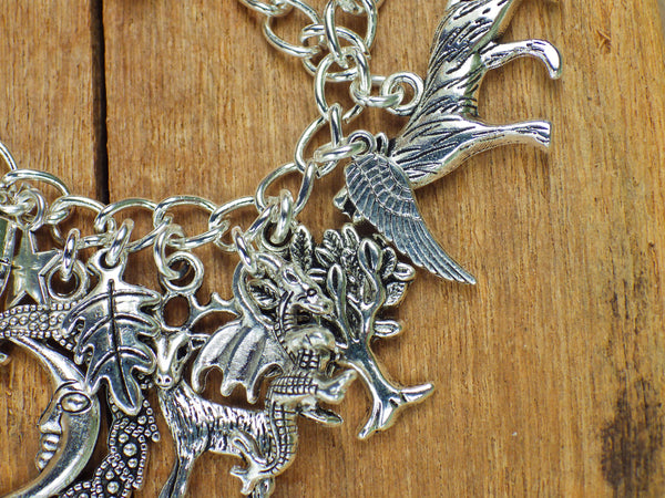 Pagan Wiccan Witch's Charm Bracelet, Loaded Bracelet, Goddess, Pentagram, Hare, Wolf, Witchy Gift, Silver Plated Pagan Jewellery