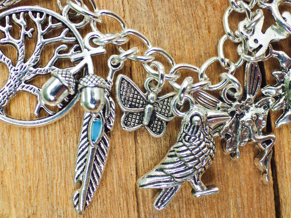 Pagan Wiccan Witch's Charm Bracelet, Loaded Bracelet, Goddess, Pentagram, Hare, Wolf, Witchy Gift, Silver Plated Pagan Jewellery