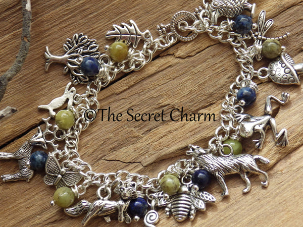 Spirits Of The Forest Elven Charm Bracelet, Handmade Pagan Gemstone Jewelry, Lapis Lazuli & Peridot, Hare Fox Wolf Silver Plated Nature Gift