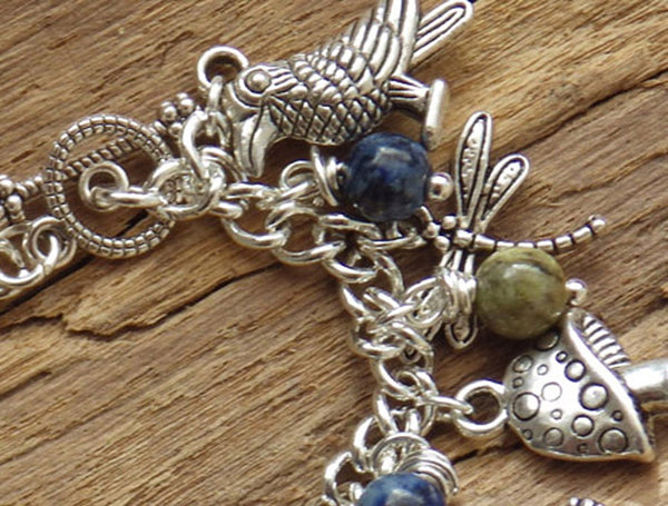 Spirits Of The Forest Elven Charm Bracelet, Handmade Pagan Gemstone Jewelry, Lapis Lazuli & Peridot, Hare Fox Wolf Silver Plated Nature Gift