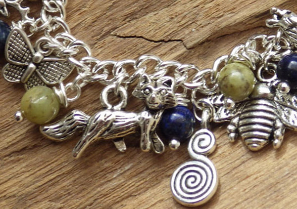 Spirits Of The Forest Elven Charm Bracelet, Handmade Pagan Gemstone Jewelry, Lapis Lazuli & Peridot, Hare Fox Wolf Silver Plated Nature Gift