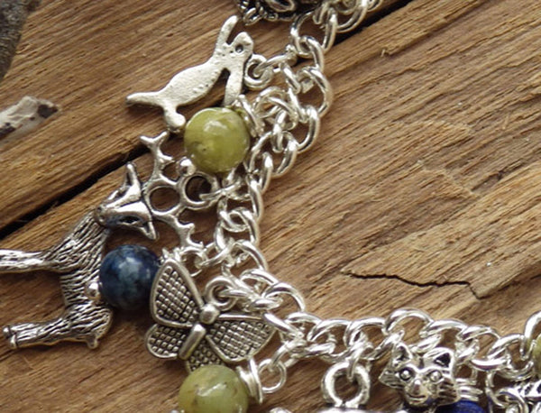 Spirits Of The Forest Elven Charm Bracelet, Handmade Pagan Gemstone Jewelry, Lapis Lazuli & Peridot, Hare Fox Wolf Silver Plated Nature Gift