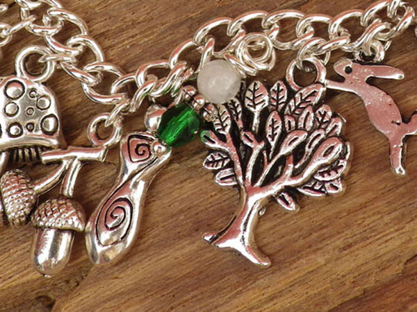 Daughter Of The Forest Pagan Charm Bracelet, Moonstone Gemstone Bracelet, Nature Spiritual Gift, Handmade Silver Plated Wiccan Jewellery UK