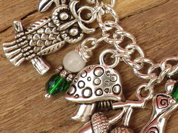 Daughter Of The Forest Pagan Charm Bracelet, Moonstone Gemstone Bracelet, Nature Spiritual Gift, Handmade Silver Plated Wiccan Jewellery UK