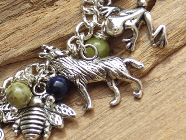 Spirits Of The Forest Elven Charm Bracelet, Handmade Pagan Gemstone Jewelry, Lapis Lazuli & Peridot, Hare Fox Wolf Silver Plated Nature Gift