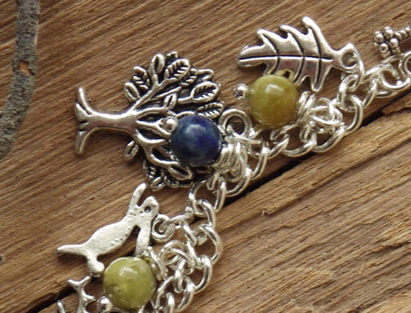 Spirits Of The Forest Elven Charm Bracelet, Handmade Pagan Gemstone Jewelry, Lapis Lazuli & Peridot, Hare Fox Wolf Silver Plated Nature Gift