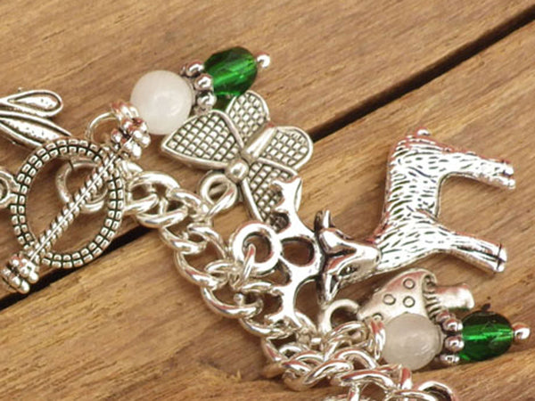 Daughter Of The Forest Pagan Charm Bracelet, Moonstone Gemstone Bracelet, Nature Spiritual Gift, Handmade Silver Plated Wiccan Jewellery UK