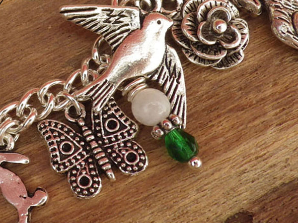 Daughter Of The Forest Pagan Charm Bracelet, Moonstone Gemstone Bracelet, Nature Spiritual Gift, Handmade Silver Plated Wiccan Jewellery UK