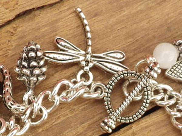 Daughter Of The Forest Pagan Charm Bracelet, Moonstone Gemstone Bracelet, Nature Spiritual Gift, Handmade Silver Plated Wiccan Jewellery UK