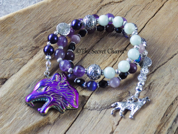 Wolf Spirit Pagan Prayer Beads, Handmade Protection Talisman, Wiccan Rosary Meditation Beads, Purple Amethyst Gemstone Mala Beads, UK Seller