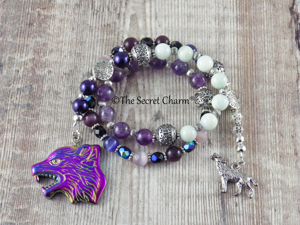Wolf Spirit Pagan Prayer Beads, Handmade Protection Talisman, Wiccan Rosary Meditation Beads, Purple Amethyst Gemstone Mala Beads, UK Seller