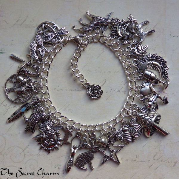 Pagan Wiccan Witch's Charm Bracelet, Loaded Bracelet, Goddess, Pentagram, Hare, Wolf, Witchy Gift, Silver Plated Pagan Jewellery