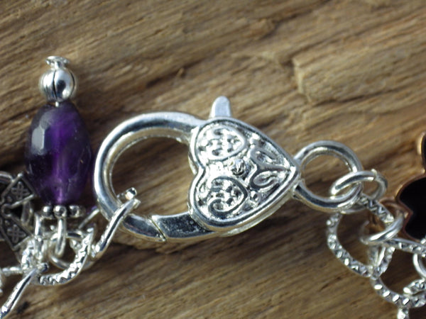 Morrigan Charm Bracelet, Pagan Crow Goddess Loaded Gemstone Bracelet, Wiccan Spiritual Gift, Handmade Silver Plated Wiccan Jewellery UK Shop