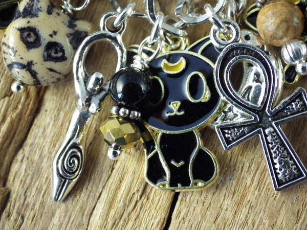 Cat Charm Bracelet, Egyptian Goddess Bast Bastet Loaded Gemstone Bracelet, Spiritual Gift, Handmade Silver Plated Wiccan Jewellery UK Shop