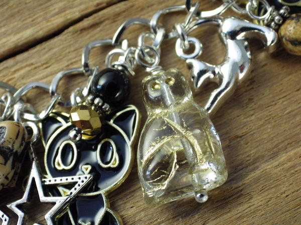 Cat Charm Bracelet, Egyptian Goddess Bast Bastet Loaded Gemstone Bracelet, Spiritual Gift, Handmade Silver Plated Wiccan Jewellery UK Shop