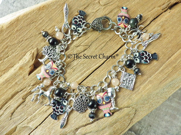 Owl Charm Bracelet, Greek Goddess Athena Loaded Gemstone Bracelet, Spiritual Gift, Handmade Silver Plated Wiccan Jewellery, UK Seller Shop