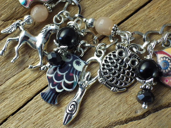 Owl Charm Bracelet, Greek Goddess Athena Loaded Gemstone Bracelet, Spiritual Gift, Handmade Silver Plated Wiccan Jewellery, UK Seller Shop