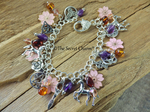 Rhiannon Charm Bracelet, Goddess Epona Loaded Gemstone Bracelet, Wicca Spiritual Gift, Handmade Silver Plated Wiccan Jewellery UK Shop