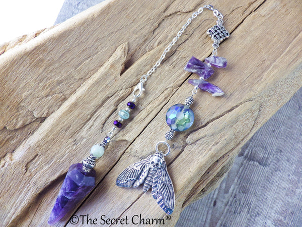 Death Moth Crystal Witches Pendulum, Divination Tool, Amethyst Gemstone Scrying Pendulum, Dowsing Pendant Pagan Wiccan Witchcore Witchy Gift