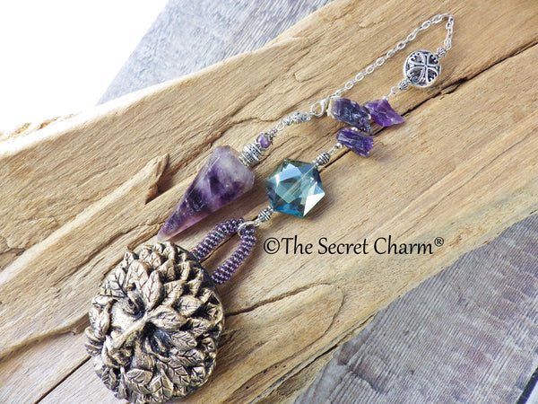 Green Man Dowsing Pendulum, Wiccan Scrying Tool, Pagan Divination Pendulum, Witchy Amethyst Gemstone Pendant, Witchcore Gift, UK Shop Seller