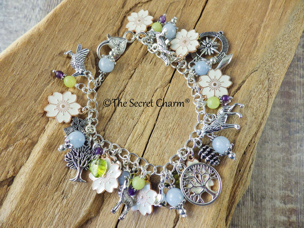 Elen Of The Ways Pagan Charm Bracelet, Nature Green Woman Loaded Bracelet, Handmade Wiccan Jewellery, Floral Gift, Silver Plated, UK Shop