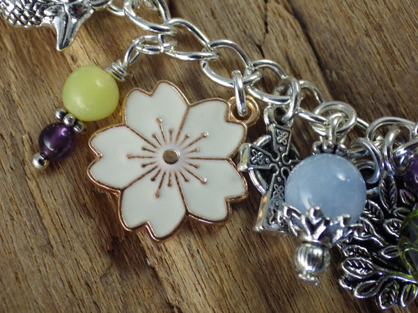 Elen Of The Ways Pagan Charm Bracelet, Nature Green Woman Loaded Bracelet, Handmade Wiccan Jewellery, Floral Gift, Silver Plated, UK Shop