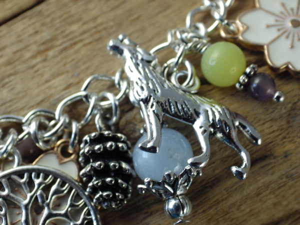 Elen Of The Ways Pagan Charm Bracelet, Nature Green Woman Loaded Bracelet, Handmade Wiccan Jewellery, Floral Gift, Silver Plated, UK Shop